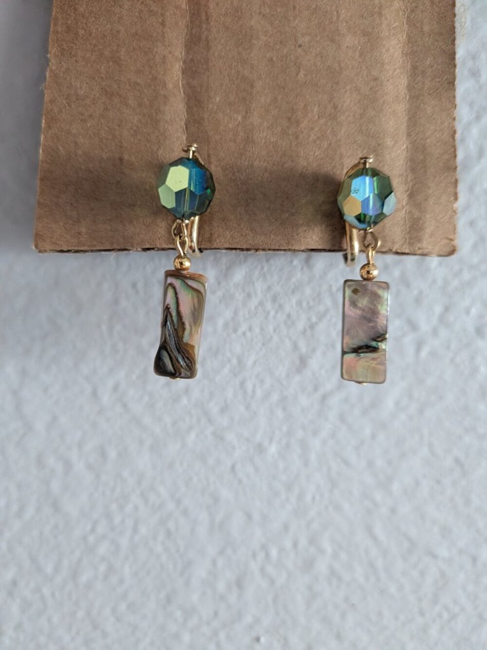 Vintage Napier Abalone Shell Green Crystal Clip-On Dangle Earrings
